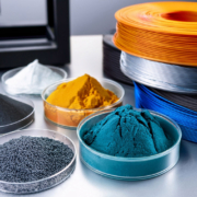 Examples of polymer and metal powder raw materials used in 3D printing/additive manufacturing.