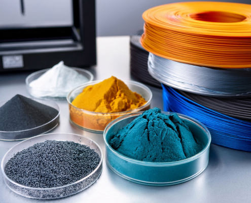 Examples of polymer and metal powder raw materials used in 3D printing/additive manufacturing.